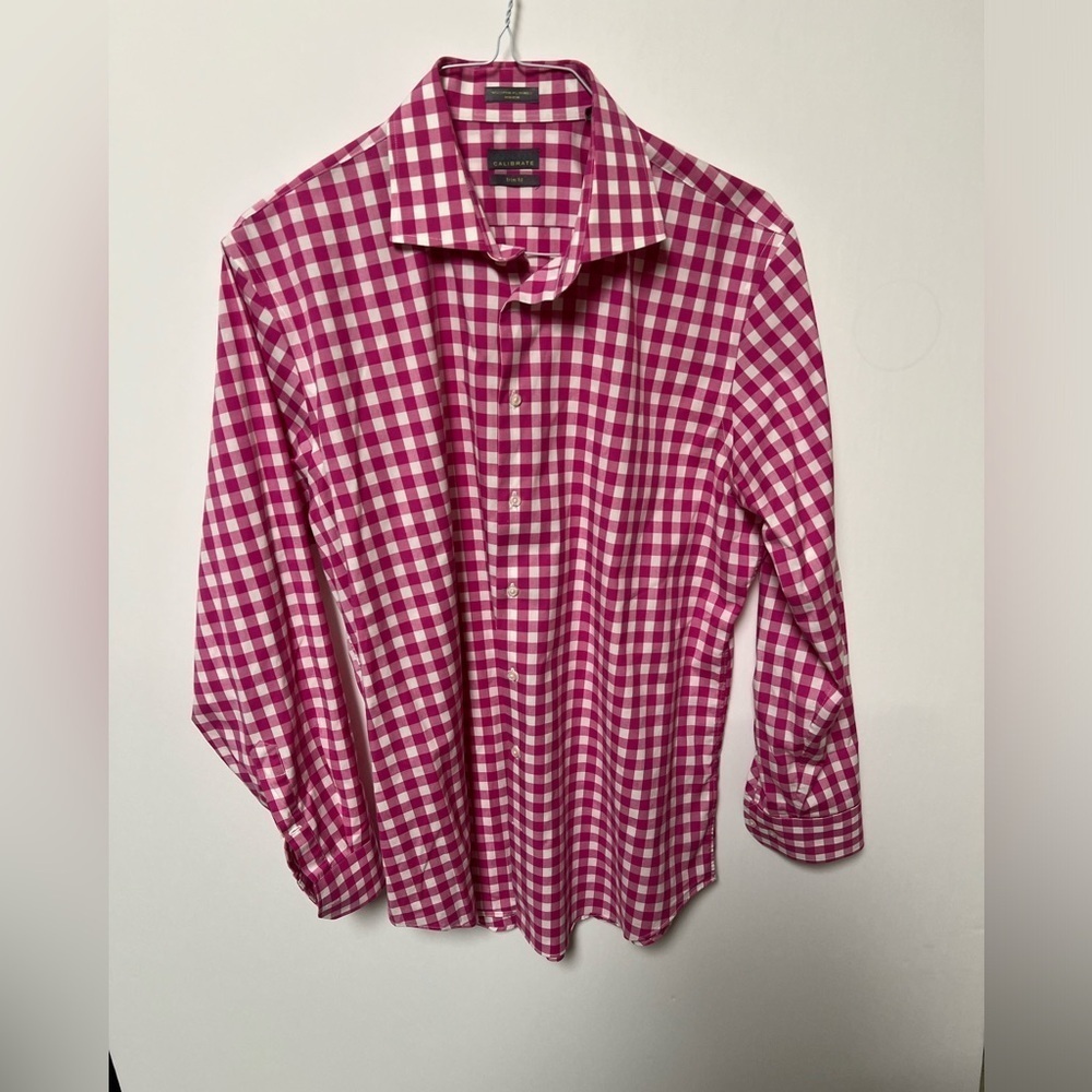 CALIBRATE DARK PINK/PLUMISH COLOR PLAID TRIM FIT SHIRT